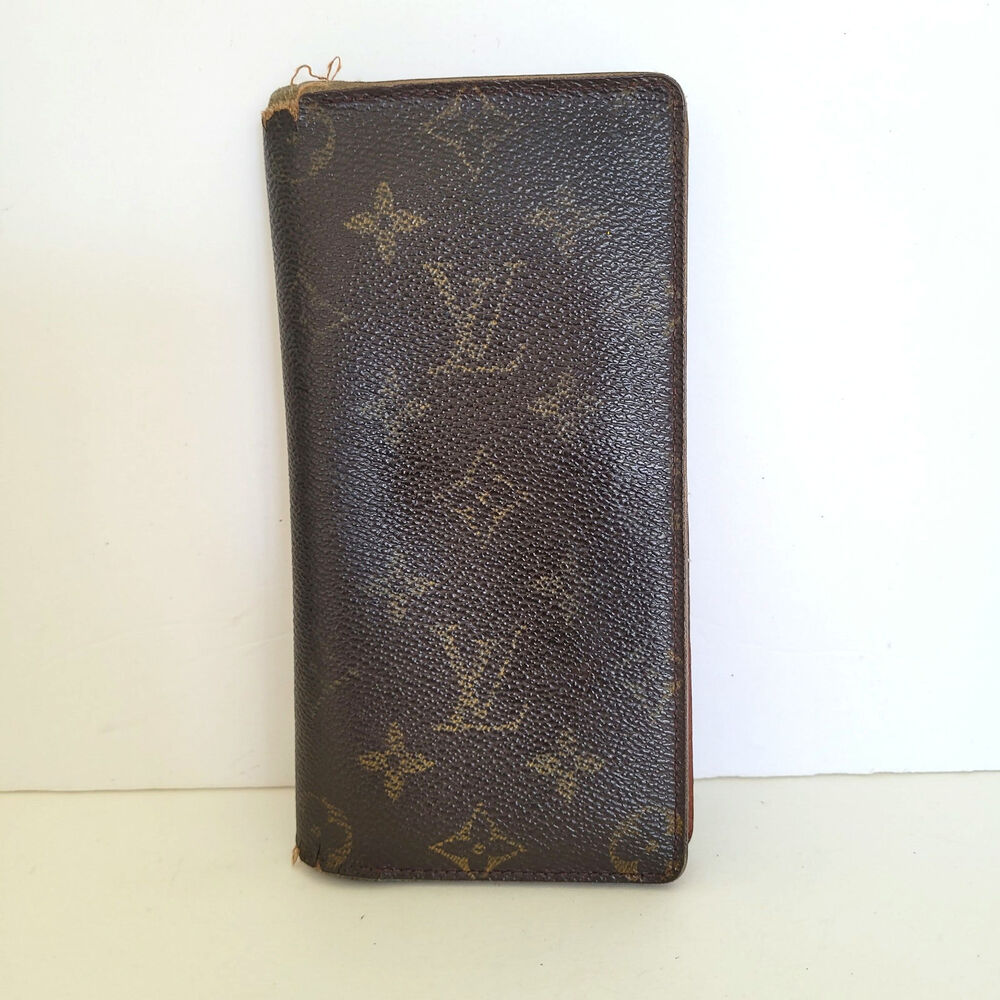 Louis Vuitton LV Monogram Checkbook Wallet Long Card Holder Brown Leather Logo